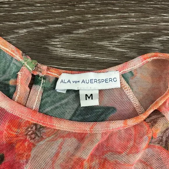 Ala Von Auersperg Mesh Top Taj‎ Floral Print Sheer Long Sleeve Tie Waist Pink M - Picture 5 of 16